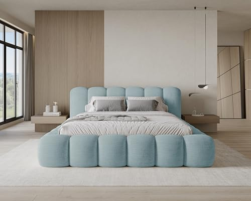 Chilly. Möbel Design Bett Stone - Polsterbett 200x200 mit Bettkasten, Lattenrost und Kopfteil - Eleganter Poso Cord-Stoffbezug Türkis