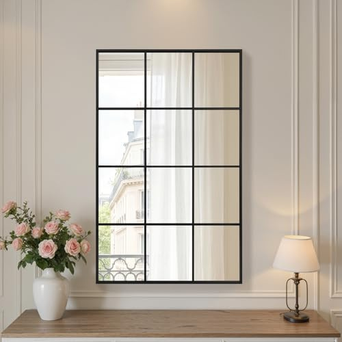 Reflix Espejo de jardín de 90 x 60 cm, espejo decorativo de pared, espejo de ventana con marco de aluminio para pasillo, salón, dormitorio, entrada, color negro