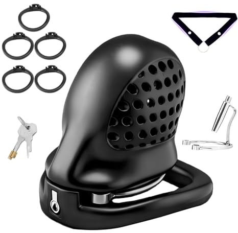 PA Peniskäfig Sex Spielzeug Chastity Cage Männer mit Katheter und 5 Verschiedenen Ringen Cock Cage ist Leicht und Atmungsaktiv Keuschheitskäfig Herren mit Schloss für Penisfesselung (A+Belt)