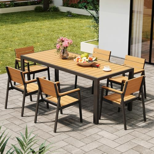 Devoko Gartenmöbel Set 6 stühle mit tischt, Hochwertiges Gartenset Tisch und stühle in Holzoptik, Balcony Furniture alu, Gartengarnitur wetterfest, rostfrei, leicht und langlebig, Teakholz