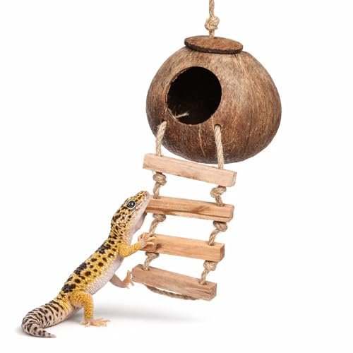 Tosean Kokosnussschalenhütte mit Leiter, Reptilien Versteck Höhle zum Aufhängen, natürliche Kokosnuss Nisthaus für Leopardgecko, Geckos, Amphibien, Vögel und Kleintiere