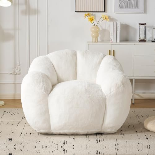 Fiximaster Sitzsack Erwachsene mit Füllung, Petalenförmiger Sitzsack, Großer Bean Bag aus Kunstfell, Bequemer Lounge Sessel, Hochdichter Schaumstoff, Schlafzimmer, Wohnzimmer, Milchweiß