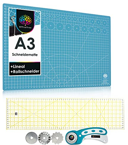 OfficeTree Schneidematte Set A3 45x30 + Rollschneider + Patchwork Lineal 60x15 cm - Schneidematte A3 Selbstheilend - Schneiderlineal Stoffschneider Rollschneider Set - Schneidunterlage A3 - Nähzubehör