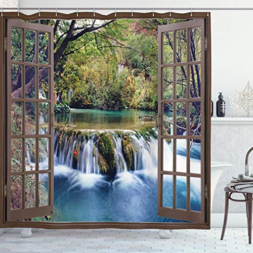 ABAKUHAUS Wasserfall Duschvorhang, Tief unten im Wald, Stoffliches Gewebe Badezimmerdekorationsset mit Haken, 175 x 200 cm, Taupe Grün Blau
