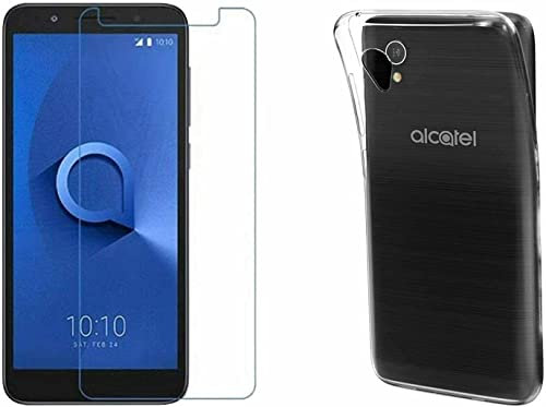 Compatible para ALCATEL 1 5033D 5033X (Pantalla 5.0) Funda Funda Protectora Gel Silicona Suave Slim Soft TPU + PELÍCULA Cristal Templado ANTIHUELLAS ANTIGRAFFIO Negro