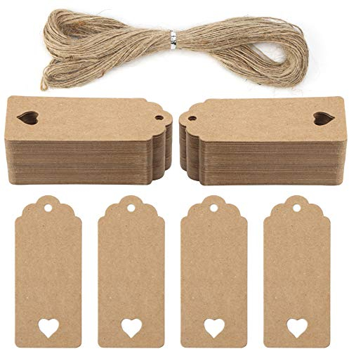 Koogel 120 Pcs Gift Paper Tags, Luggage Tags Labels Brown Heart Gift Tags with String for Gifts Arts Crafts Wedding Holiday
