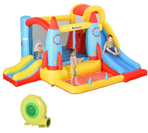 Outsunny Bouncy Castle Inflatable Bouncy Castles for Children Bounce House 3 in 1 w/Trampoline Slide Water Pool with Blower for Kids Age 3-8 Rocket Design 3.3 x 2.65 x 1.85m