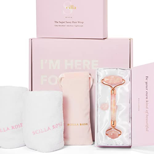Scilla Rose Pamper Spa Coffret cadeau pour femme – Rouleau en jade rose, rouleau en quartz rose et emballage de cheveux pour femme, anniversaire, cadeau d'amitié pour elle