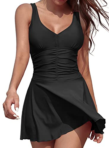 SHEKINI Femme Maillot De Bain Jupette Une Pièce Robe Rétro Bretelles Fixes Col en V Ruched Jupe De Bain Bikini Jupette Amincissante Abdominal Contrôle Robe De Plage