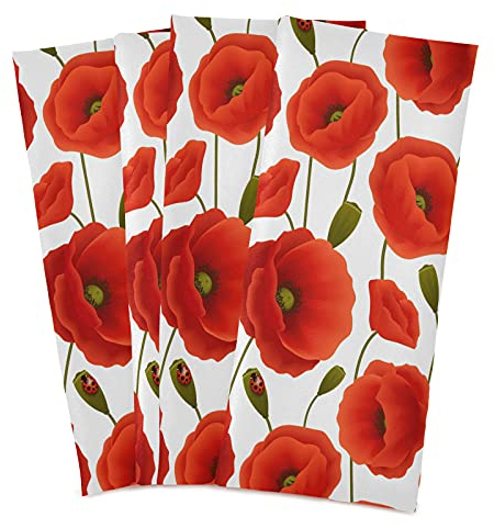 Mnsruu Lot de 4 torchons de cuisine super absorbants et doux Motif coquelicot Rouge 71 x 46 cm