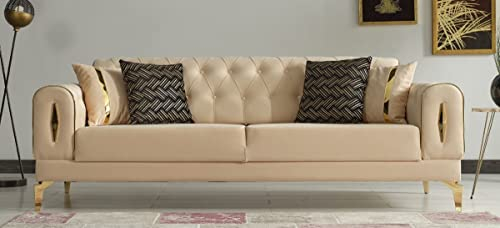 Casa Padrino Luxus Schlafsofa Beige/Gold 225 x 95 x H. 83 cm - Wohnzimmer Sofa mit 4 Kissen - Luxus Wohnzimmer Möbel