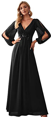 Ever-Pretty Women's Elegant A-Line Deep V-Neck Appliques Pleated Long Sleeve Bridesmaid Dress Black 12UK