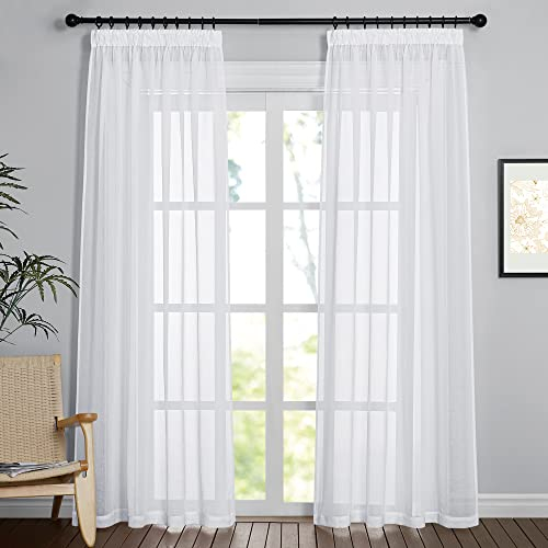PONY DANCE Vorhang Weiß Transparent Gardienen 2-Set H 200 x B 140 cm Stores Gardinen mit Kräuselband für Schienensystem Wohnzimmer Vorhänge Leinenoptik Gardine Weiss