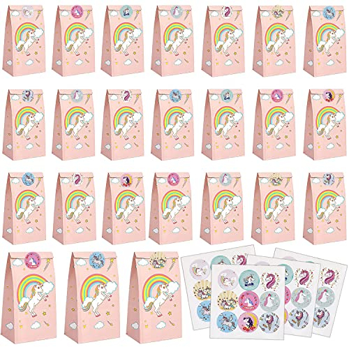 PHOGARY Geschenktütchen Mitgebsel Kindergeburtstag Tüten Einhorn Geburtstag Party - 48stk (24 Rosa Einhorn Papiertüten + 24 Einhorn-Sticker) Geschenktüten für Mädchen Gastgeschenke Partytüten