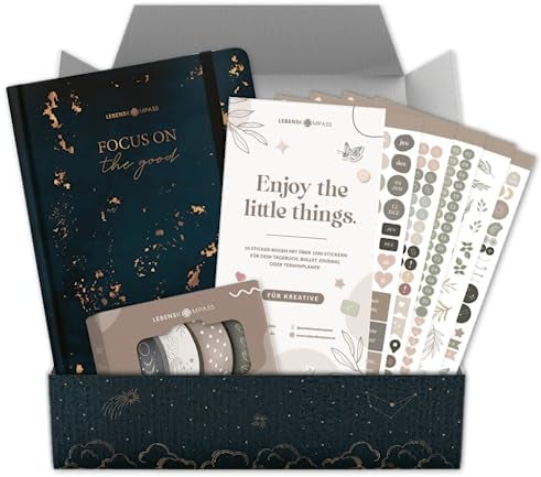 LEBENSKOMPASS Bullet Journal Set bestehend aus einem Bullet Journal, Washi Tapes & Sticker Set in einer schönen Geschenkbox.