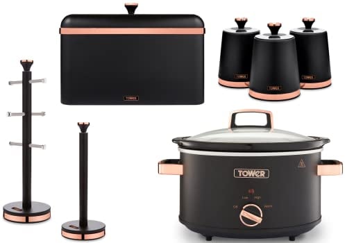 Tower Cavaletto Black & Rose Gold 3.5L Slow Cooker, Bread Bin, Set of 3 Tea, Coffee & Sugar Canisters, Mug Tree & Towel Pole. Matching Set of 7 Kitchen Items in Black & Rose Gold