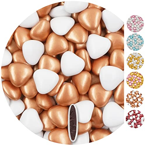 EinsSein 1kg Schokoherzen Dragees Mix medium weiss-bronzegold pearl Gastgeschenke Hochzeit, Taufe, Kommunion, Kindergeburtstag | Schokodragees, Dragees in Herzform bzw. Schokolinsen als Ersatz für
