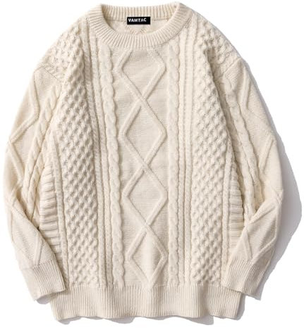 Vamtac Womens Oversized Sweaters Cable Knit Crewneck Cream Casual Vintage Loose Pullover Beige Woven Tops, Cream, Small