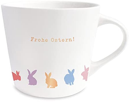 Grafik-Werkstatt | Kaffee-Tasse mit 100% Echtgold | Porzellan Tasse | 420 ml | Frohe Ostern! | Motiv Hasen | Für Kalt- und Heißgetränke