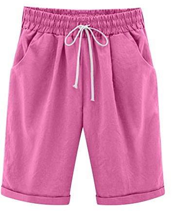 oglccg Womens Half Pants Plus Size Knee Length Cotton Linen Shorts with Pockets Solid Beach Vacation Straight Leg Trousers Drawstring Elastic Waist Bermuda Casual Shorts, Hot Pink, 4XL (y2k pants)