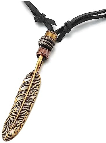 COOLSTEELANDBEYOND Retro-Stil Bronzefarbe Feder Anhänger Herren Damen Halskette mit Verstellbaren Schwarz Lederband