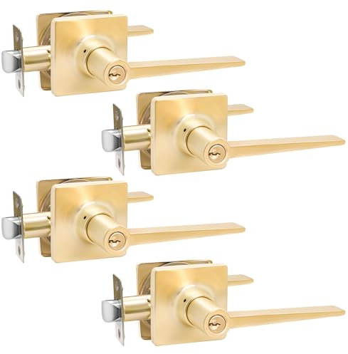 Karlstone 4 Pack Gold Door Handle Lock,Brushed Gold Door Knob Keyed Alike Entry Door Lever Interior Door Handle for Left or Right Handed Doors…