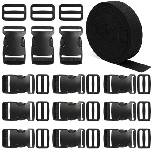 10M Gurtband 30mm Nylon Gurtband mit 12 Paare Schnallen, Strapazierfähiges Gurtband und Side Release Schnallen Clips für DIY Handwerk Rucksack Umreifung Tasche Gurtband Gepäck Befestigung Gurt