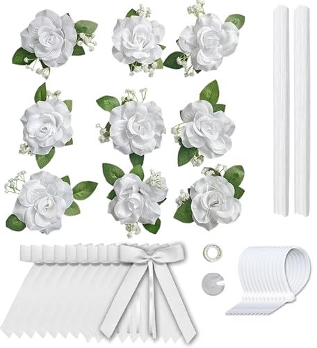 21pcs Wedding Car Decoration Set, 2 Wedding Car Ribbon with 9 Silk Artificial Rose Flowers and 10 White Bows, Ribbon Decoration for Party, Valentines Day Gift for Lover