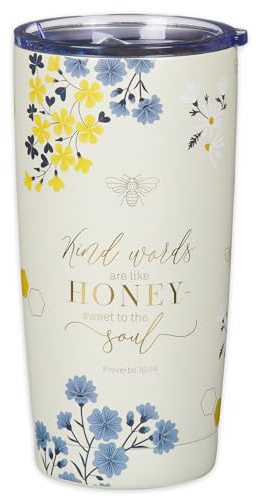 Christian Art Gifts Stainless Steel Scripture Tumbler Travel Mug for Women: Kind Words Bible Verse, Cute Bumble Bee, Double-wall Vacuum Insulated, Lid, Hot/Cold, Creamy White Multicolor Floral, 18oz.