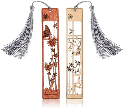 Amaxiu Holz Lesezeichen für Buchliebhaber, 2 Stück Handgefertigte Natürliche Hohlschnitzerei Bastel Bookmark Paar Vintage für Männer Frauen Leser Lehrer (B)