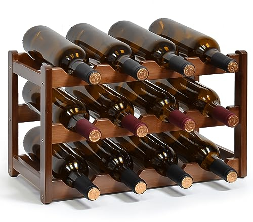 IWTTWY Étagère à vin à 3 niveaux sur pied pour 12 bouteilles de vin, support de bouteille de vin en bois naturel pour placard, maison, cuisine, garde-manger, cave à vin (L 43 x l 23,5 x H)
