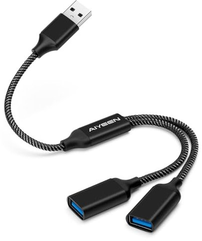AIYEEN Cable Divisor USB, Adaptador USB A Divisor 1 en 2 Salidas, concentrador de Doble Puerto para Transferencia/Carga de Datos, Extensor de Cable de alimentación Dividido de Datos Adicional (Negro)