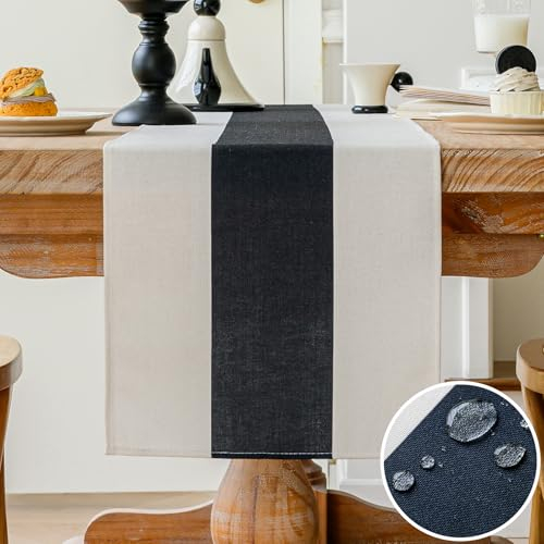 Vorysum Tischläufer Modern Dekoration Tischläufer Wasserabweisend Leinen，Tischläufer Abwaschbar，Tischdecke Outdoor Sommer Garten für Hochzeit Esszimmer Party Urlaub (Schwarz, 40 x 140 cm)