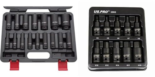 US PRO 16PC 1/2'' Dr 6-Point European Deep Impact Socket Set B1340 & Tools 10pc Impact Hex Bit Socket Set 1/2'' Drive 4mm to 19mm 3593