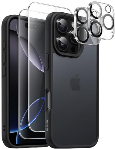JETech 5 in 1 Matte Case for iPhone 16 Pro 6.3-Inch with 2-Pack Each Tempered Glass Screen Protector and Camera Lens Protector, Translucent Back Shockproof Phone Cover (Black)