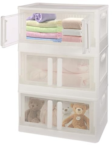 Ecoggeder Mehrschichtiger Kunststoffschrank mit Doppeltüren Stapelbare Aufbewahrungsboxen mit Deckel und Rädern für Arbeitszimmer, Schlafzimmer, Kinderzimmer Weiß+ Klar