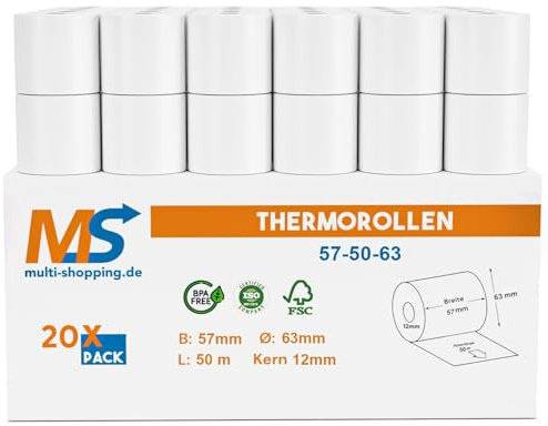 Kassenrollen/Thermorollen/Bonrollen 57mm x 50m x 12mm Bpa frei für alle gängigen Thermo Kassen-Bondrucker B: 57mm x L: 50m Ø61mm (20)