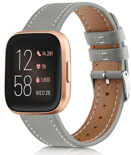 Vancle Leder Armband für Fitbit Versa 2/Versa/Versa Lite/SE - Weiches Atmungsaktives Sport Ersatzarmband für Damen und Herren (Grau)