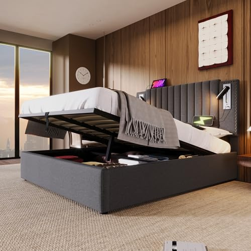 Bett 180x200 mit Leselicht und USB Ladefunktion, Polsterbett 180x200 mit Stauraum und Kopfteil, Doppelbett mit Lattenrost und Bettkasten, Jugendbett Stauraumbett mit Baumwolle Bettgestell Grau
