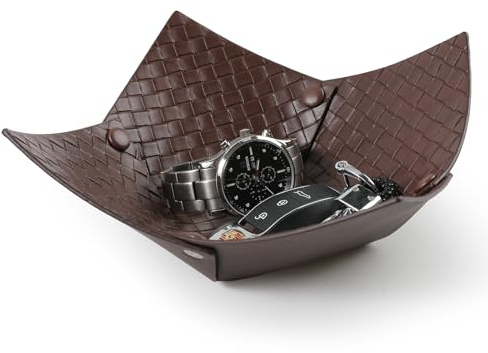 KINIVA 2 Pack PU Leather Jewelry Valet Tray for Men Women,Small Key Bowl for Entryway Table,Portable Travel Catchall Dice Tray (Bowl-Coffee-2pcs)