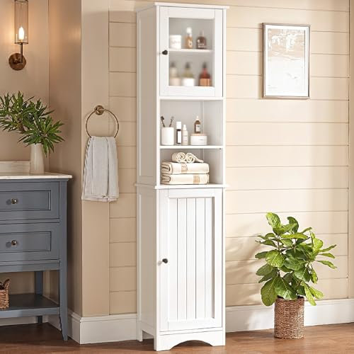 Bealife Badezimmerschrank, Säule, Hochschrank, Aufbewahrung mit 2 Türen, offene Fächer, Aufbewahrung mit verstellbaren Regalen (Weiß, 40 x 30 x 170 cm)