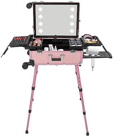 Kosmetikkoffer auf Rollen, Reise-Schminktisch, extragroßer Schminkkoffer aus Aluminium mit Spiegel und LED-Lichtern, Make-up-Organizer-Wagen, Schminkkoffer auf Rollen, Schminkkoffer für prof