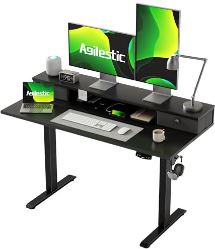 Agilestic Height Adjustable Desk with Two Drawers, 120 x 60 cm Electric Computer Desks with Memory Function, Sit Stand Desk, Black