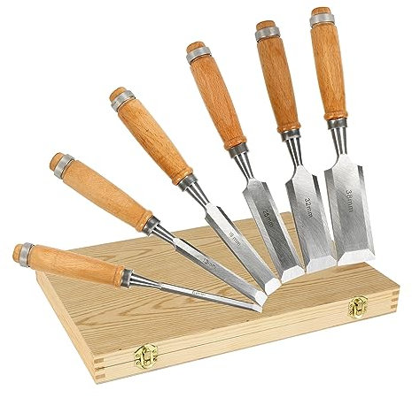 Stechbeitel Set,6-teilig Stecheisen Satz für Holz,Stemmeisen Set mit Holzkiste und 2 Abziehsteine,Schnitzmesser,Drehmeißel Set,Schnitzen Holzmeisel für Holzarbeiten,Schnitzwerkzeug