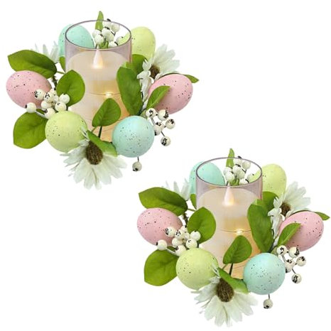 Skeadex Osterkranz Tisch,2 Stück Ostern Kerzenkranz für Stabkerzen Künstliche Ostern Kerzenkranz Klein Ostereier Osterkranz Kerzen Osterkranz Frühlingskranz Ostern Deko Kerzenring (2pcs B)