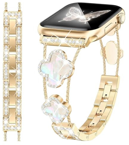 fitonyo Bracelet trèfle diamant compatible avec Apple Watch Series 10/9/8/7/6/5/4/3/2/1/SE,Bracelet métal habillé étincelant à diamant réglable pour iWatch 38/40/41/42mm Or étoilé