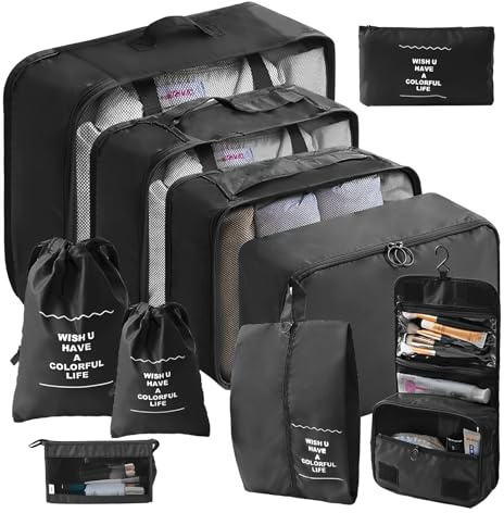 Logei Koffer Organizer Set, 10 Teilige Packing Cubes, Kofferorganizer Packtaschen Set Travel Organizer Packwürfel Ordnungssystem mit Kleidertaschen Schuhbeutel für Koffer (Schwarz)
