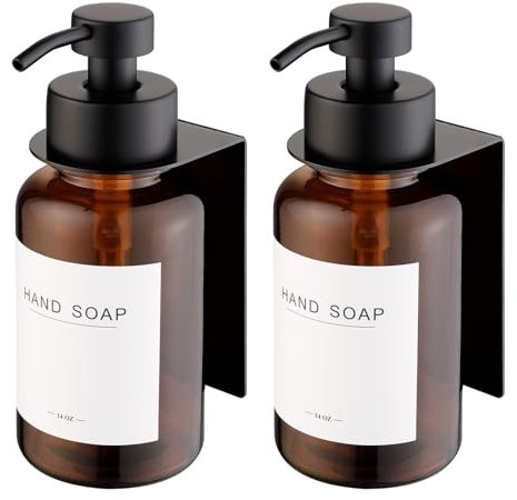 Glas Seifenspender mit Wandhalterung selbstklebend | Edelstahl-Pumpspender für Flüssigseife | Spülmittelspender ohne Bohren 400ml(Braunglas/Schwarz X2)