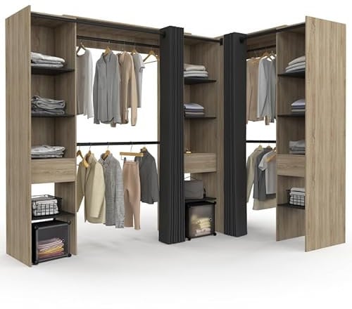 IDMarket - Ausziehbarer Eckkleiderschrank Marlon 230 x 140 x 180 cm Buche mit Schränken + Regalen + Gardinen schwarz