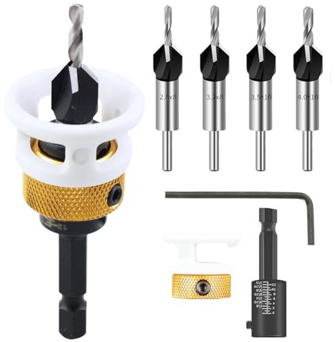 Broca Avellanadora Madera con Tope de Profundidad Ajustable, Juego de 6 HSS Brocas Avellanadas Cónica, Vástago Hexagonal de 1/4, para Carpintería y Bricolaje